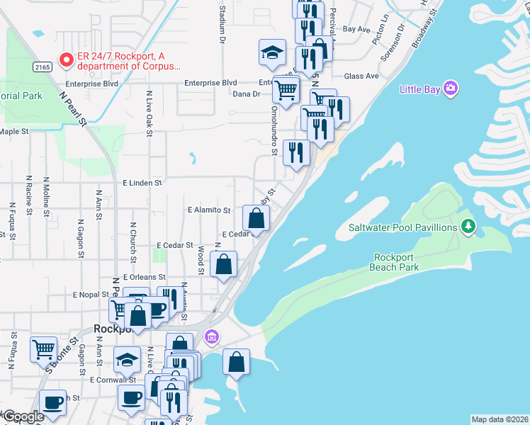 map of restaurants, bars, coffee shops, grocery stores, and more near 1608 Victoria Avenue in Rockport