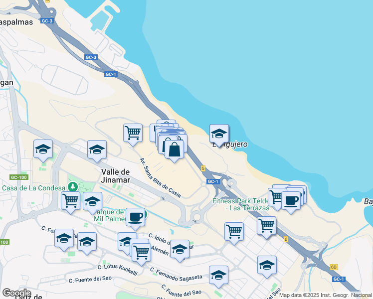 map of restaurants, bars, coffee shops, grocery stores, and more near GC-1 in Las Palmas