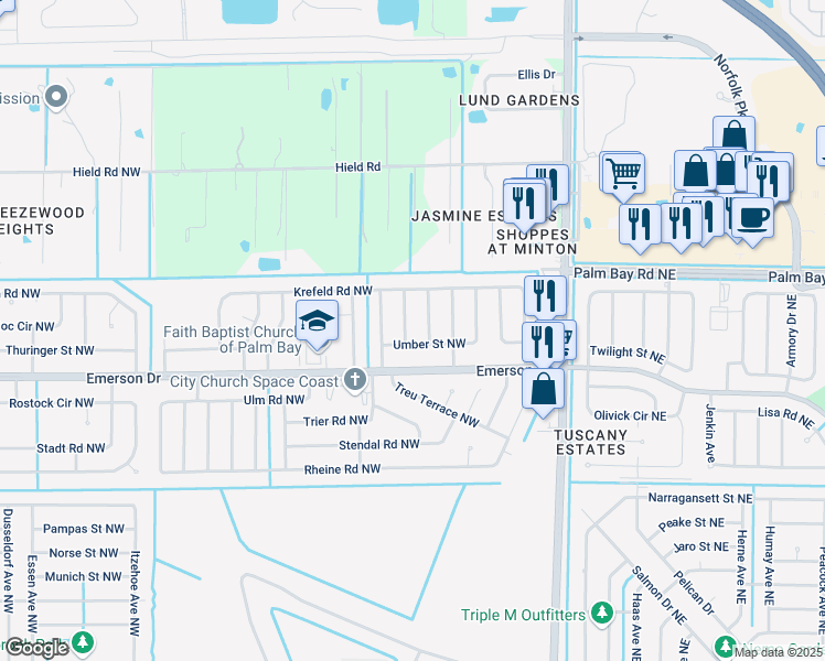 map of restaurants, bars, coffee shops, grocery stores, and more near 1317 Roundhill Avenue Northwest in Palm Bay