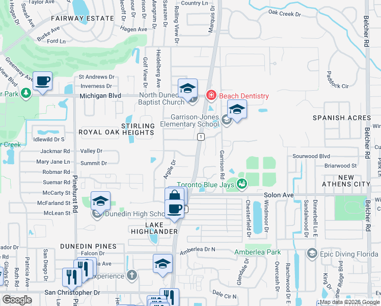 map of restaurants, bars, coffee shops, grocery stores, and more near 1580 Burnham Lane in Dunedin