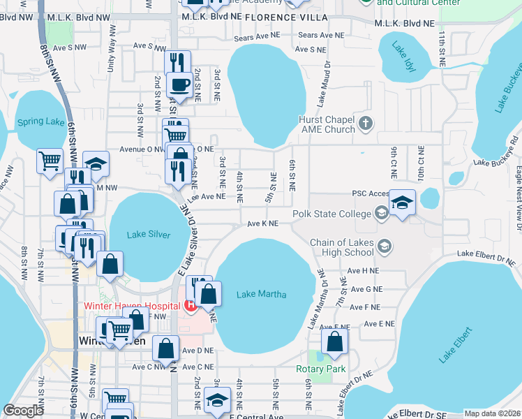 map of restaurants, bars, coffee shops, grocery stores, and more near 1135 5th Street Northeast in Winter Haven