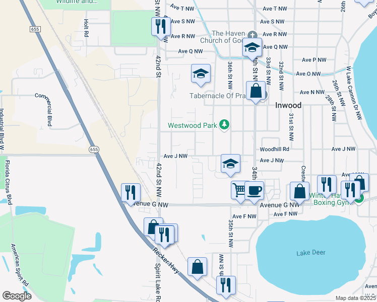 map of restaurants, bars, coffee shops, grocery stores, and more near 3821 Avenue J Northwest in Winter Haven