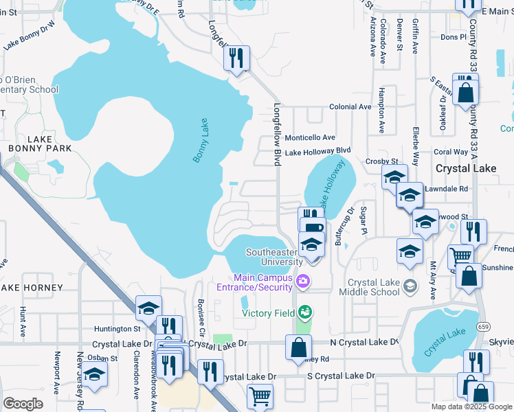 map of restaurants, bars, coffee shops, grocery stores, and more near 2030 Milton Street in Lakeland