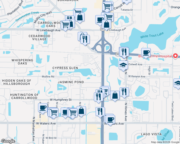 map of restaurants, bars, coffee shops, grocery stores, and more near 3813 Cortez Circle in Tampa