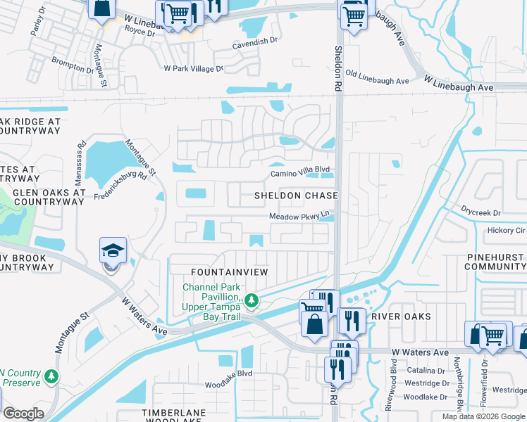 map of restaurants, bars, coffee shops, grocery stores, and more near 9029 Sheldon Chase Drive in Tampa