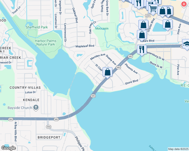 map of restaurants, bars, coffee shops, grocery stores, and more near 2402 Arch Avenue in Oldsmar