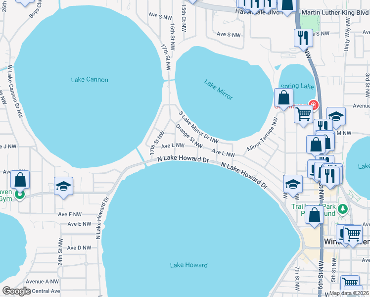 map of restaurants, bars, coffee shops, grocery stores, and more near 1520 Avenue L Northwest in Winter Haven