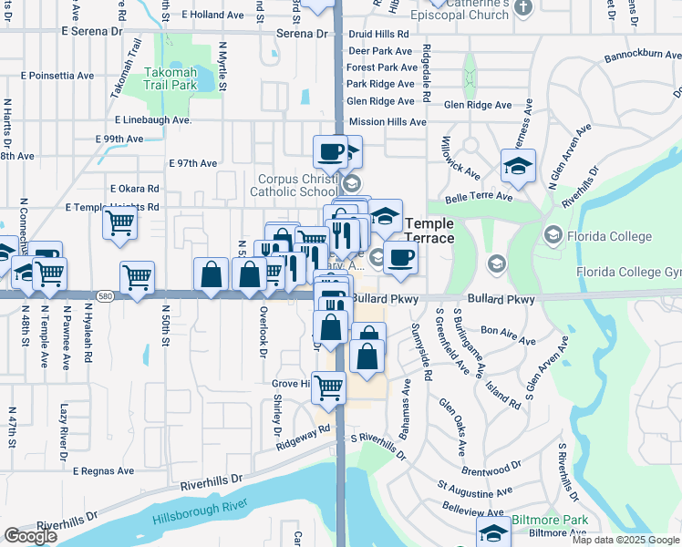 map of restaurants, bars, coffee shops, grocery stores, and more near 9228 Florida 583 in Temple Terrace
