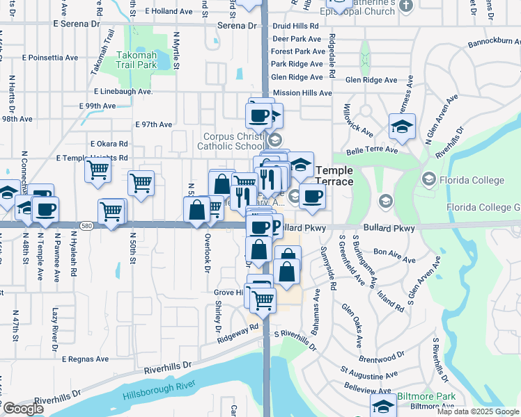 map of restaurants, bars, coffee shops, grocery stores, and more near 9228 Florida 583 in Temple Terrace