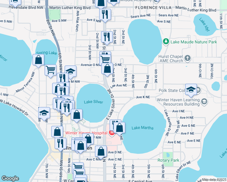 map of restaurants, bars, coffee shops, grocery stores, and more near 217 Avenue L Northeast in Winter Haven