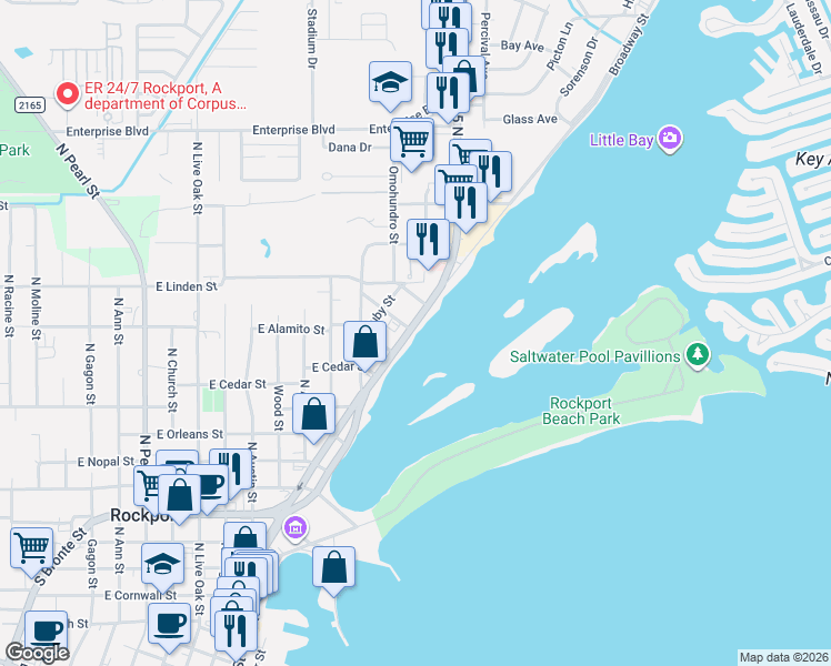 map of restaurants, bars, coffee shops, grocery stores, and more near 1122 Broadway Street in Rockport