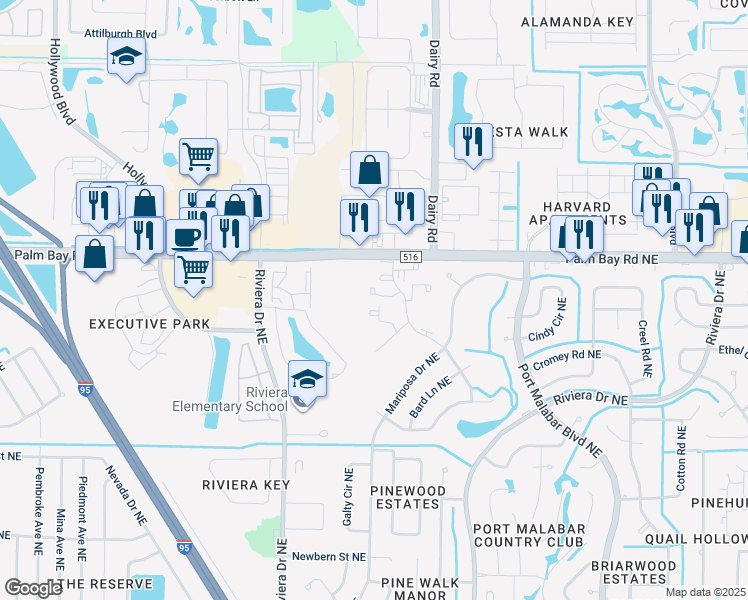 map of restaurants, bars, coffee shops, grocery stores, and more near 1440 Sheafe Avenue Northeast in Palm Bay