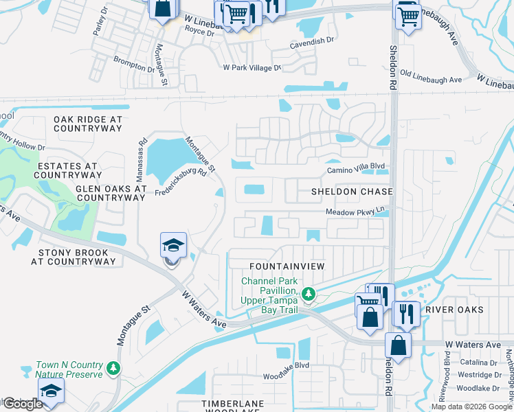 map of restaurants, bars, coffee shops, grocery stores, and more near 9217 Camino Villa Boulevard in Tampa