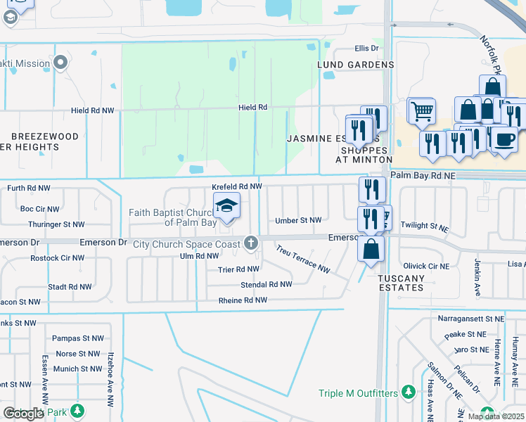 map of restaurants, bars, coffee shops, grocery stores, and more near 1350 Prum Avenue Northwest in Palm Bay