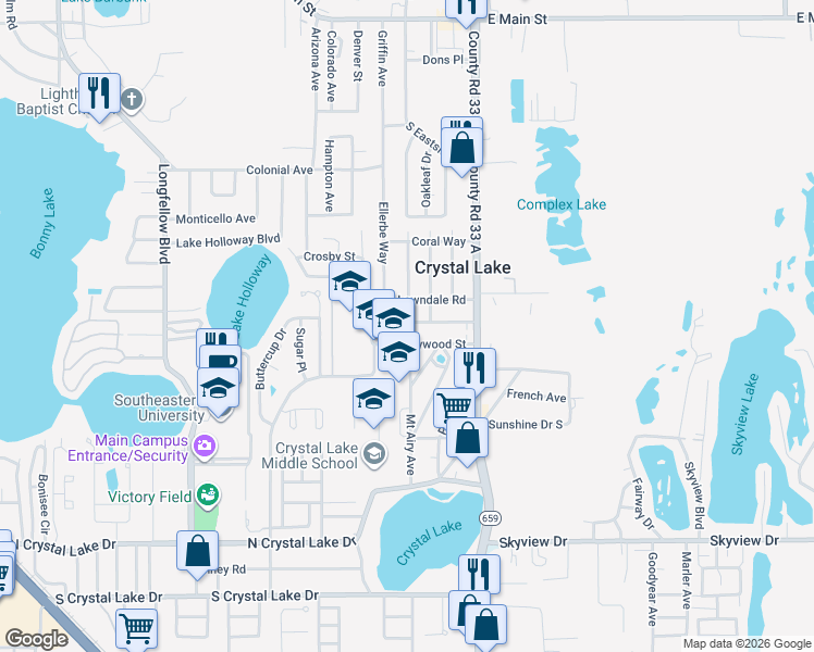 map of restaurants, bars, coffee shops, grocery stores, and more near 2431 Ellerbe Way in Lakeland