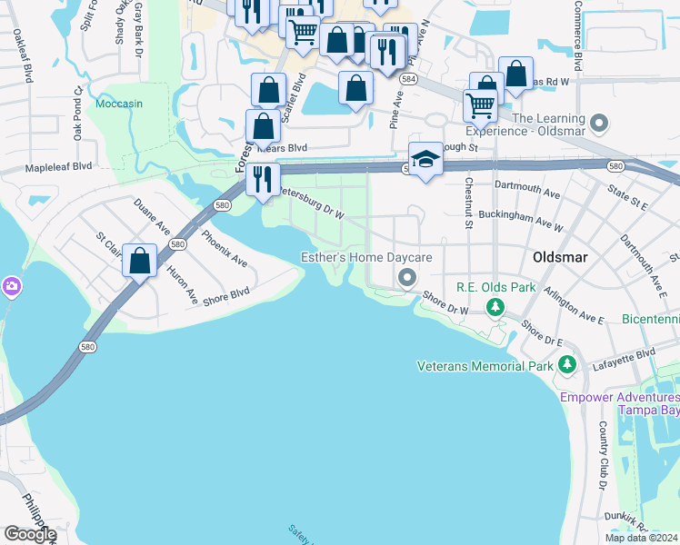 map of restaurants, bars, coffee shops, grocery stores, and more near 129 Brent Circle in Oldsmar