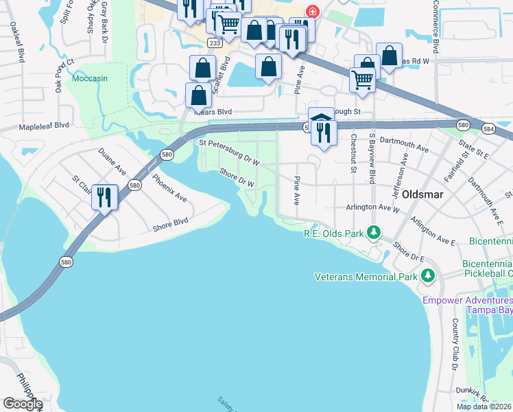 map of restaurants, bars, coffee shops, grocery stores, and more near 129 Brent Circle in Oldsmar