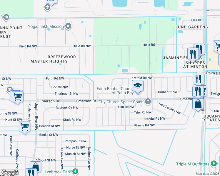 map of restaurants, bars, coffee shops, grocery stores, and more near 565 Krefeld Road Northwest in Palm Bay