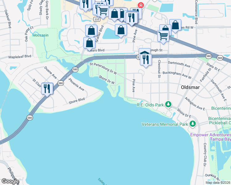 map of restaurants, bars, coffee shops, grocery stores, and more near 129 Brent Circle in Oldsmar