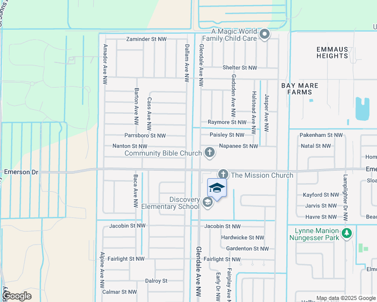 map of restaurants, bars, coffee shops, grocery stores, and more near 1411 Dallam Avenue Northwest in Palm Bay