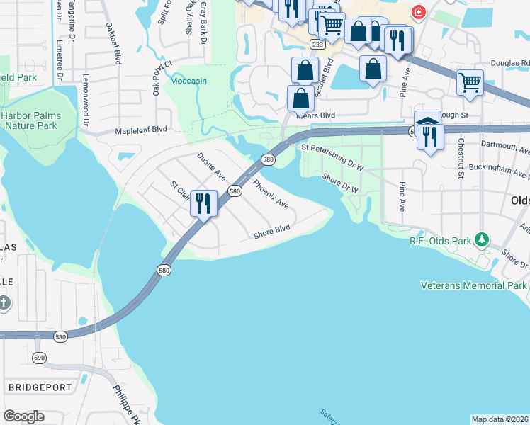 map of restaurants, bars, coffee shops, grocery stores, and more near 3081 Duane Avenue in Oldsmar