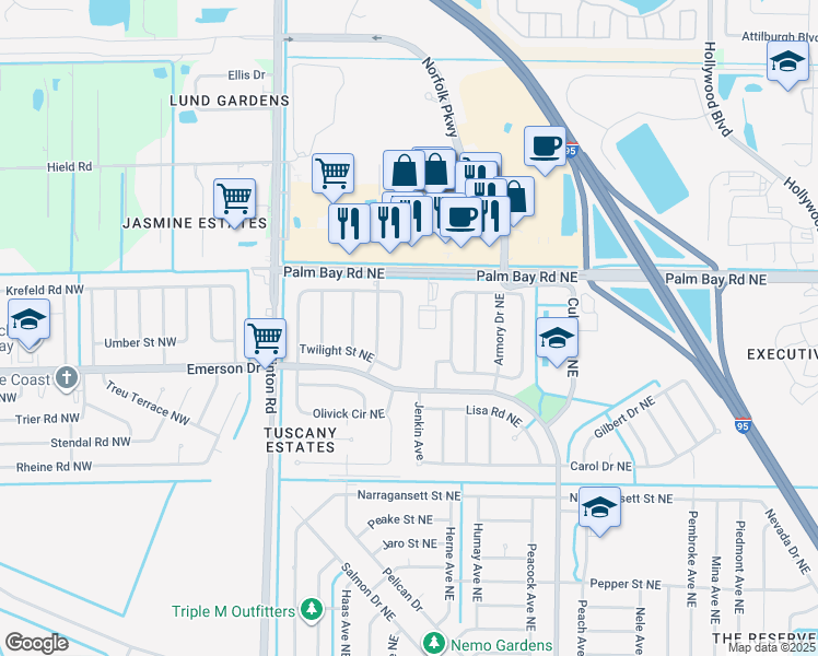 map of restaurants, bars, coffee shops, grocery stores, and more near 1351 Prospect Circle Northeast in Palm Bay