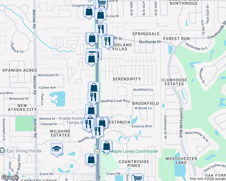 map of restaurants, bars, coffee shops, grocery stores, and more near 2500 Winding Creek Boulevard in Clearwater