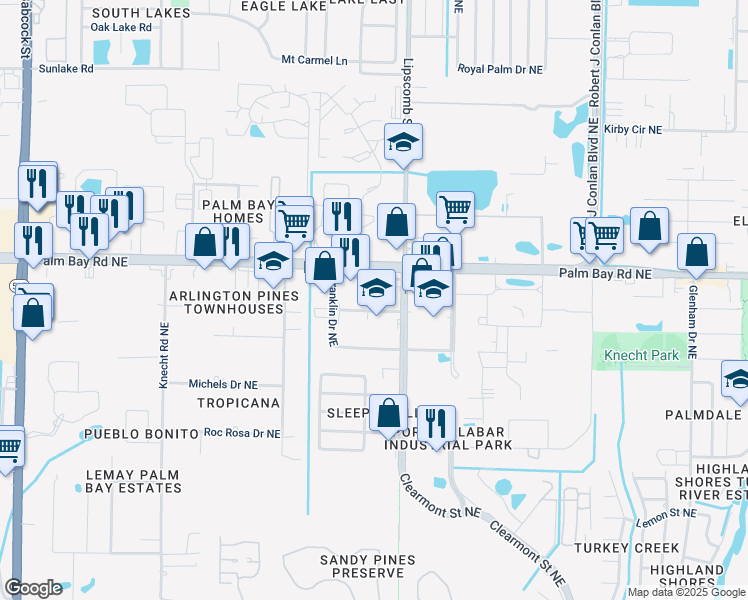 map of restaurants, bars, coffee shops, grocery stores, and more near 2167-2179 Julian Avenue Northeast in Palm Bay