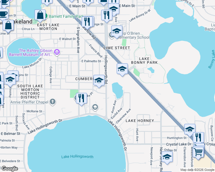 map of restaurants, bars, coffee shops, grocery stores, and more near 826 Hollingsworth Road in Lakeland