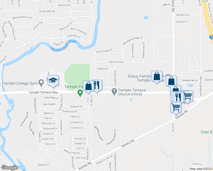 map of restaurants, bars, coffee shops, grocery stores, and more near 9202 Holly Ridge Place in Tampa