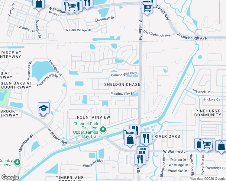 map of restaurants, bars, coffee shops, grocery stores, and more near 9029 Sheldon Chase Drive in Tampa