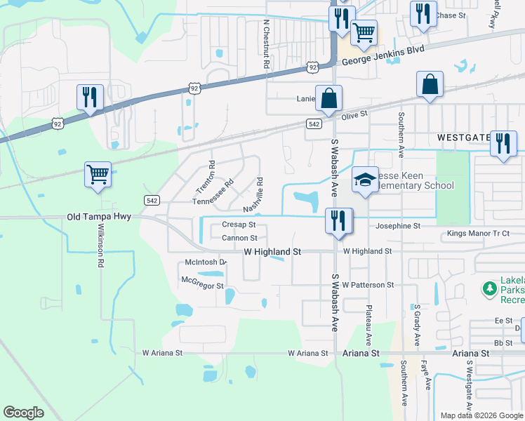 map of restaurants, bars, coffee shops, grocery stores, and more near 840 Nashville Road in Lakeland