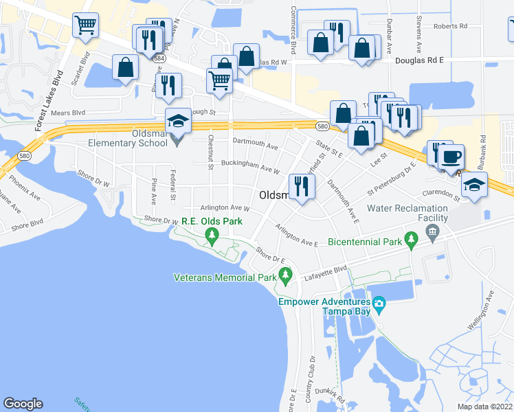 map of restaurants, bars, coffee shops, grocery stores, and more near 106 Arlington Avenue West in Oldsmar