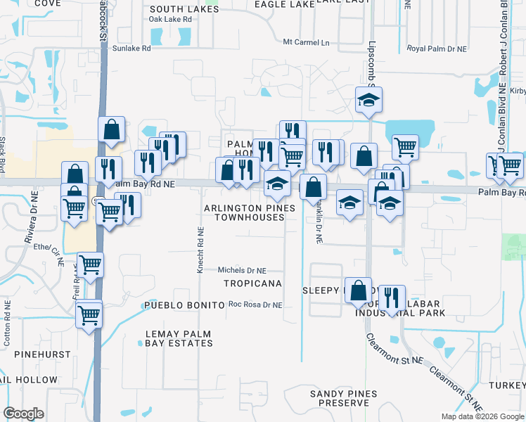 map of restaurants, bars, coffee shops, grocery stores, and more near 1430 Baytree Drive in Palm Bay