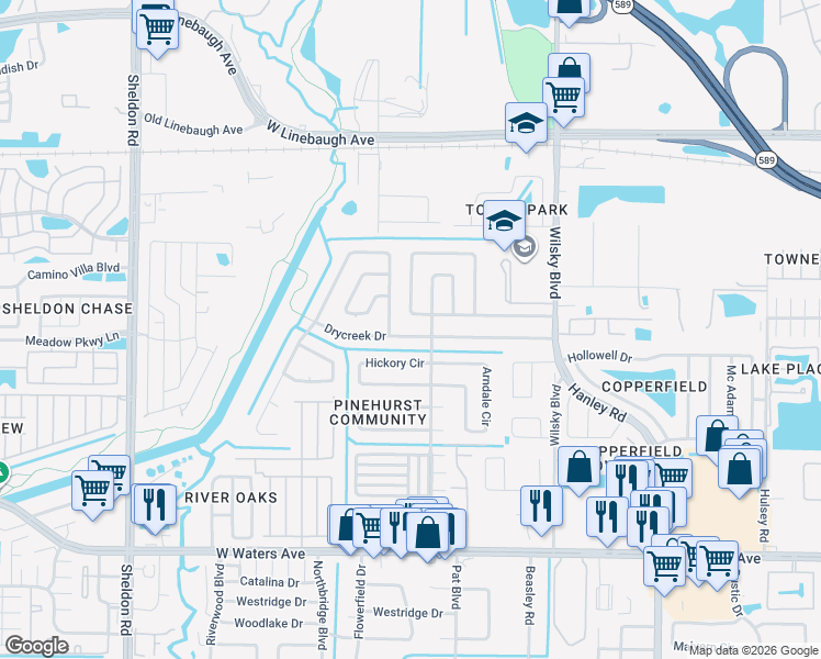 map of restaurants, bars, coffee shops, grocery stores, and more near 8307 Drycreek Drive in Tampa