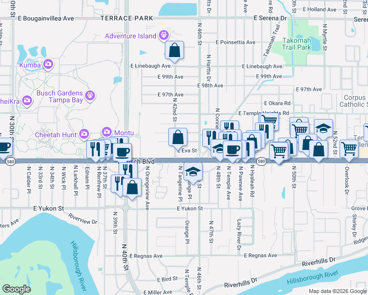 map of restaurants, bars, coffee shops, grocery stores, and more near 4206 East Eva Street in Tampa