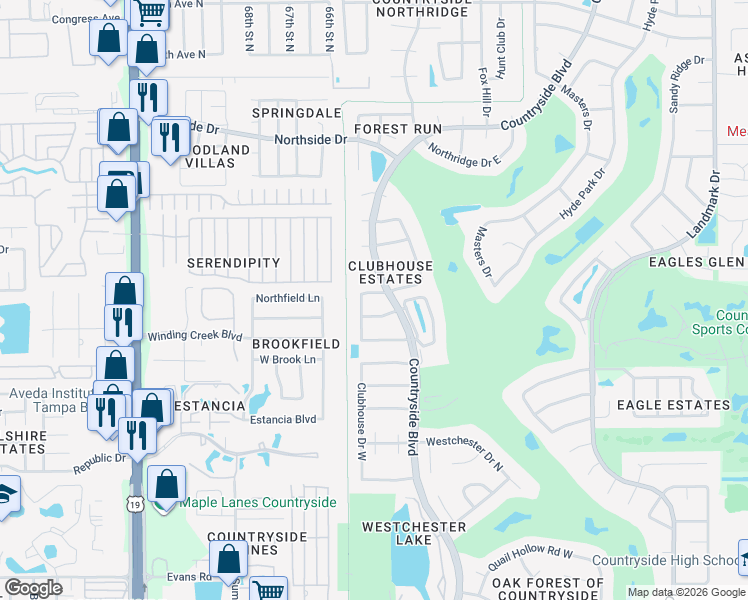 map of restaurants, bars, coffee shops, grocery stores, and more near 2653 Augusta Drive West in Clearwater