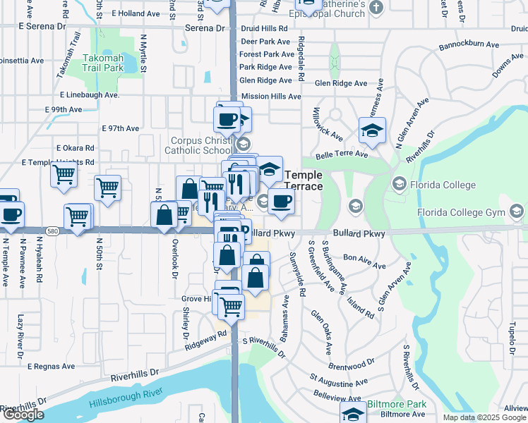 map of restaurants, bars, coffee shops, grocery stores, and more near 124 Flotto Avenue in Tampa