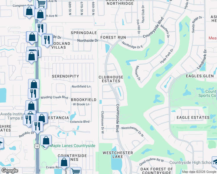 map of restaurants, bars, coffee shops, grocery stores, and more near 2653 Augusta Drive West in Clearwater