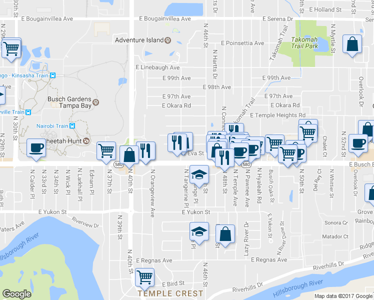 map of restaurants, bars, coffee shops, grocery stores, and more near 4206 East Eva Street in Tampa