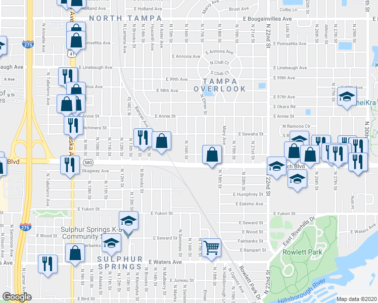 map of restaurants, bars, coffee shops, grocery stores, and more near 9301 North 16th Street in Tampa