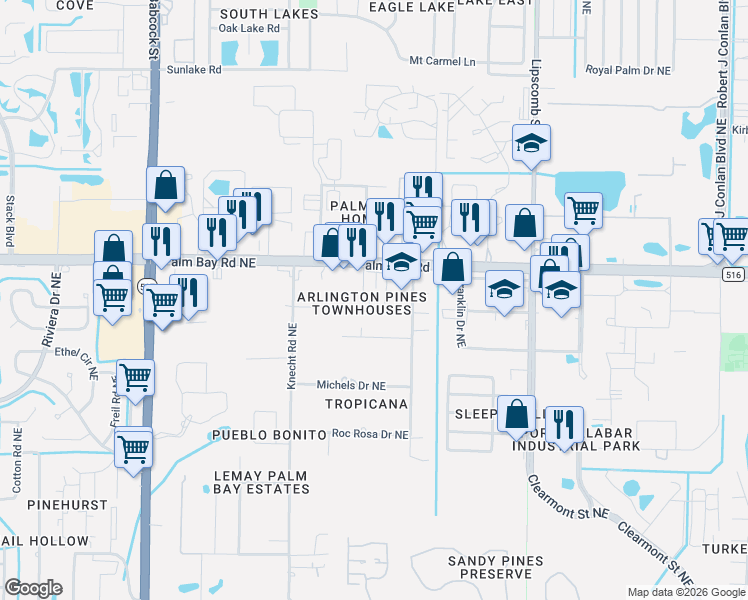 map of restaurants, bars, coffee shops, grocery stores, and more near 1430 Baytree Drive in Palm Bay