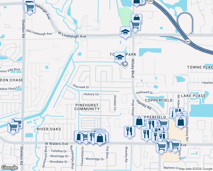 map of restaurants, bars, coffee shops, grocery stores, and more near 8237 Drycreek Drive in Tampa