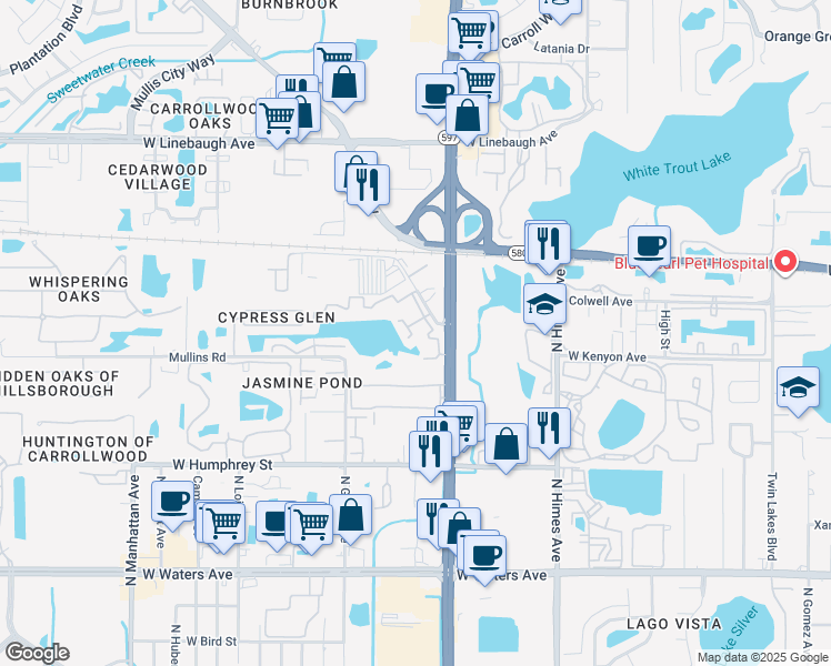 map of restaurants, bars, coffee shops, grocery stores, and more near 3816 Cortez Drive in Tampa