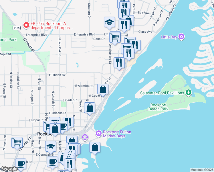 map of restaurants, bars, coffee shops, grocery stores, and more near 1608 Victoria Avenue in Rockport