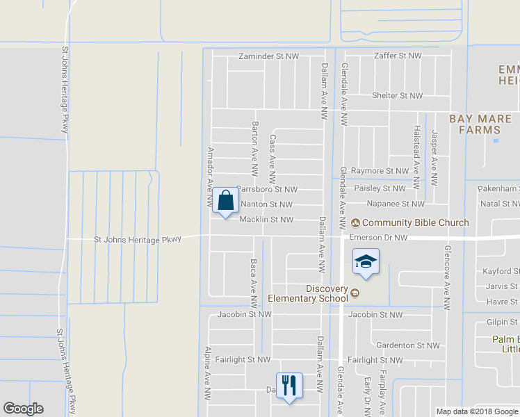 map of restaurants, bars, coffee shops, grocery stores, and more near 1804 Nanton Street Northwest in Palm Bay