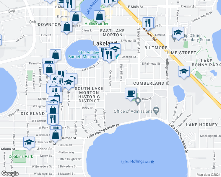 map of restaurants, bars, coffee shops, grocery stores, and more near Lexington Street & College Avenue in Lakeland