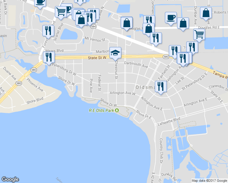 map of restaurants, bars, coffee shops, grocery stores, and more near 506 Chestnut Street in Oldsmar