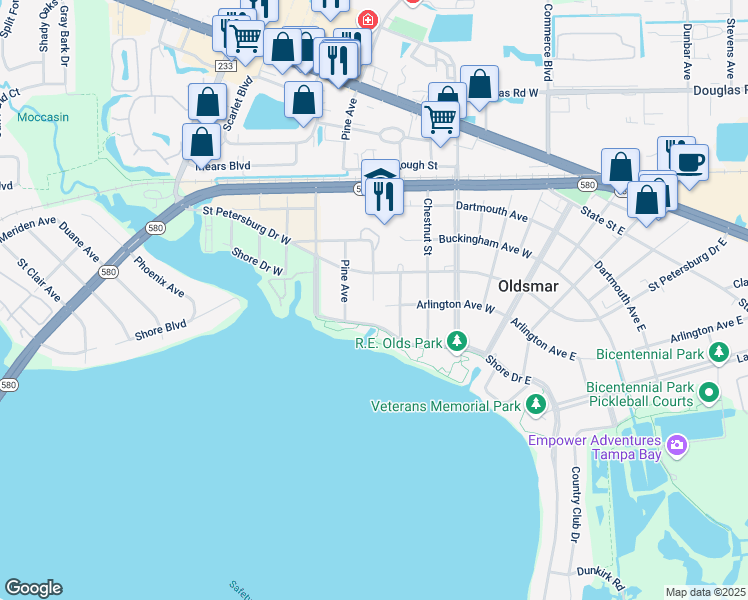 map of restaurants, bars, coffee shops, grocery stores, and more near 405 Arlington Avenue West in Oldsmar