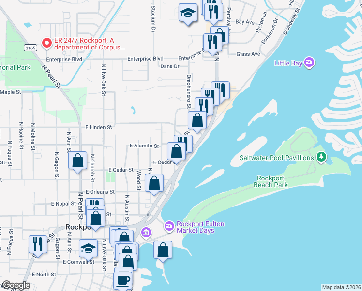 map of restaurants, bars, coffee shops, grocery stores, and more near 1608 Victoria Avenue in Rockport